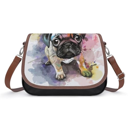 Sacoche en cuir imperméable aquarelle chien carlin pour femmes actives