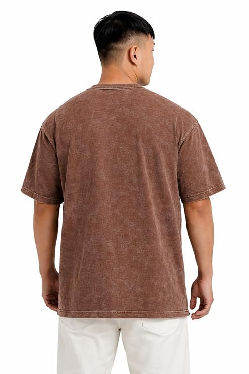 Image of VEL Heavy GSM Pure French Terry Cotton Men's Graphic Print Oversized Fit Half Sleeve Round Neck Cotton Acid Wash Print T-Shirt