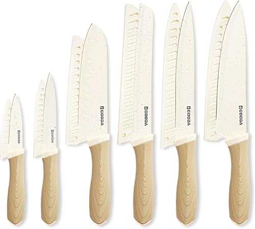 Image of 12 Pieces Knife Set, 6 Knives with 6 Blade Guards, Granite Nonstick Ceramic Coated, Professional Chef Knife, Utility, Bread, Utility, Paring, for Home & Restaurant Use Wood Grain Handle, White (White)