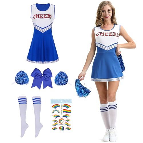 Shengou Costume Cheerleader Femme,Deguisement Pompom,Deguisement Pompom Girl Femme avec Pompons,High École Pom-Pom Girl Uniforme Halloween Carnaval Cosplay Mascarade (bleu, M)