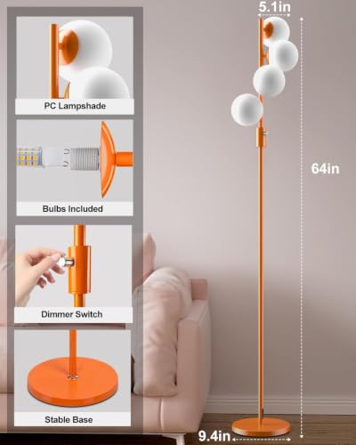Image of Lightdot 64IN Dimmable Globe Floor Lamp, Modern Orange Standing Lamps with 4PCS Warm White Bulbs Included,Mid Century Floor Lamp with 5Lbs Heavy Base for Living Room /Bedroom /Sofa Beside /Corner Decor