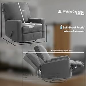 Harkawon Swivel Recliner Chair Glider Rocking Recliner Fabric Chair Comfy Upholstered Glider Rocker for Nursery Modern Armchair with Tall Back for Living Room Bedroom Gray