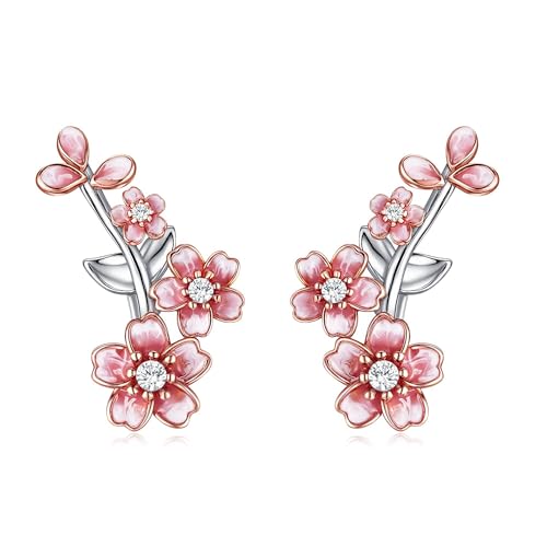JERWLI Boucles d'oreilles grimpantes pour femme en argent sterling 925 en forme de fleur de cerisier - Cadeau rose sakura pour femme, taille unique, Argent...