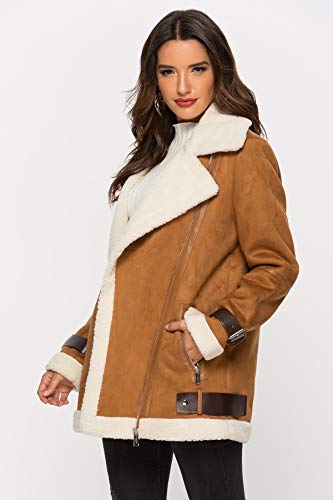 Escalier Women's Winter Lapel Faux Suede Leather Jacket with Sherpa Fleece Lining Camel M - Thumbnail 4