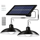 LONENESSL Solar Lights Outdoor,Solar Shed Light with Remote Control,3W 60 LED Dimmable Solar Pendant Light Double Head,IP65 Waterproof, for Garden Yard Porch Patio