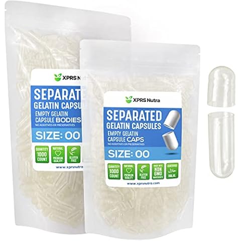 XPRS Nutra Gelatin Size 00 Separated Capsules - 1000 Count Gelatin Empty Capsules Separated in Bags - Separated Empty 00 Capsules - Pill Capsules DIY Cover