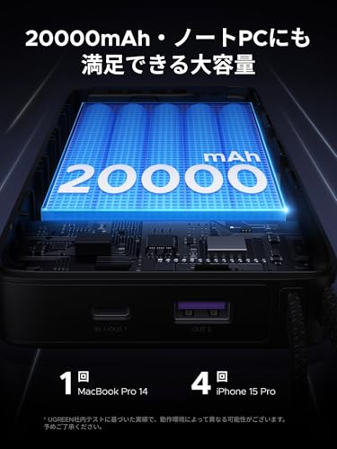 UGREEN 67W 急速充電 モバイルバッテリー 20000mAh大容量 USB-Cケーブル一体型 ノートPCも充電可能 3ポート PD対応 シャオミ(Xiaomi)対応 ディスプレイ搭載 PSE認証済 国内航空機持ち込み可 iPhone17 Galaxy Android スマートフォン iPad Pro ノートPC MacBook Windows PC その他 PB550