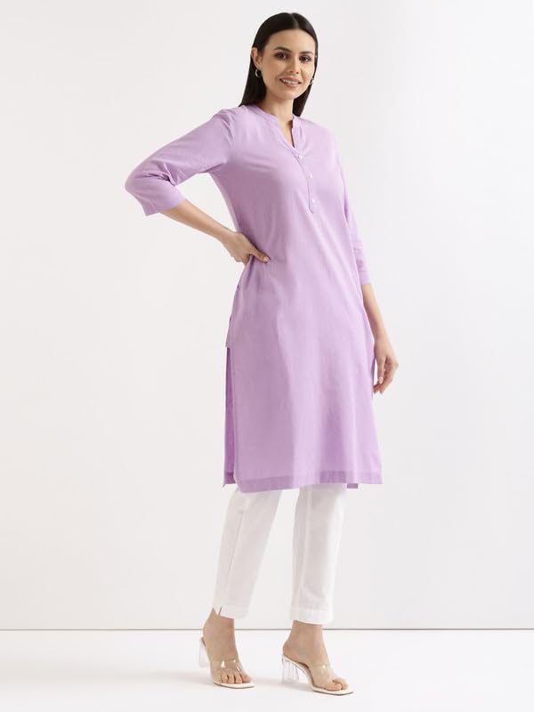 Image of SAADAA Women's Linen Straight Fit Straight Long Kurta Airy Plain Kurta, 3 /4 Sleeve, Knee Length Kurtis with Pockets, Casual and Office Wear