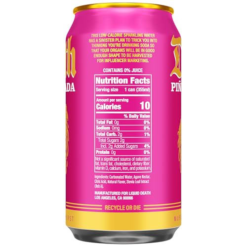 Image of Liquid Death Soda-Flavored Sparkling Water - Pina Killada (Classic Pina Colada), Less Sugar*, Huge Flavor, No Caffeine, No Artificial Sweeteners, 12 Fl Oz (Pack of 12)
