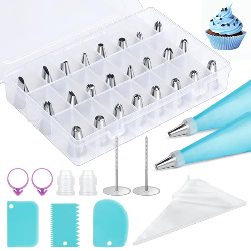 AiQInu Poche a douille patisserie 46 pcs,24 douilles en acier inoxydable, 2 poches à douille réutilisables en silicone, pour gâteaux, cupcakes, cookies,...