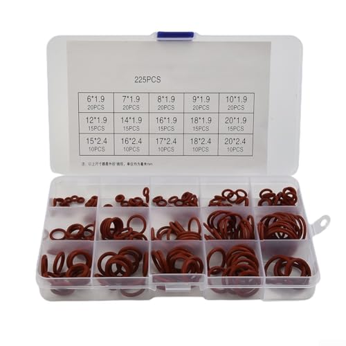 Homeponnew 225 piezas de goma de silicona O-Ring Surtido Kit métrico VMQ Junta Set rojo resistente a la temperatura -30 °C a 200 °C para aplicaciones de compresor de gas de presión de sellado mecánico