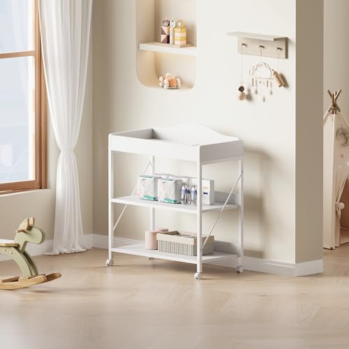 Image of Baby Changing Table, Diaper Station with Pad, 2-Tier Shelves, Mobile, White | Changing Table,Waterproof Diaper pad & Safety Strap, 2-Tier shelves, Mobile wheels