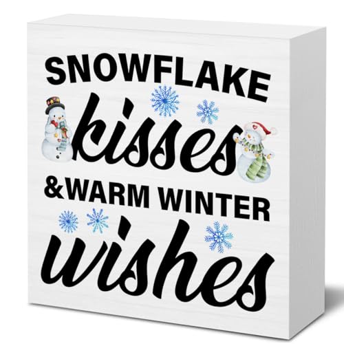 Snowflake Kisses Warm Winter Wishes Wooden Block Sign - Home