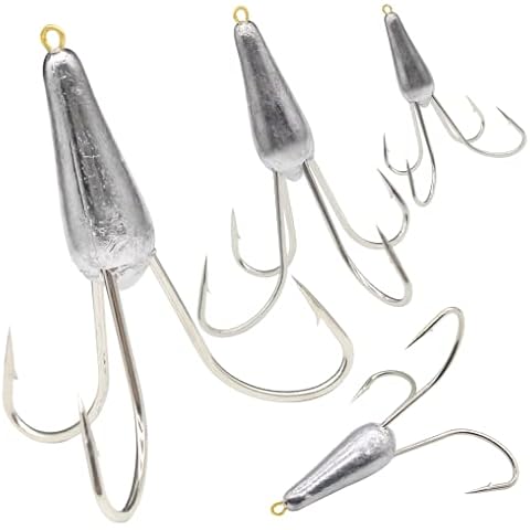 FishingPepo 4pcs Snagging Hooks Snagging Weighted Treble Hooks Large Fishing Hooks Snagging Weighted Treble Hooks Weighted Treble Bunker Snag Hooks 2 Sizes (2.46oz) Cover