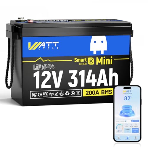 Wattcycle Batería Litio LiFePO4 12V 314Ah Mini Bluetooth 5.0, BMS 200A, Refrigeración Aluminio, Cables Trenzados. para autocaravanas, náutica