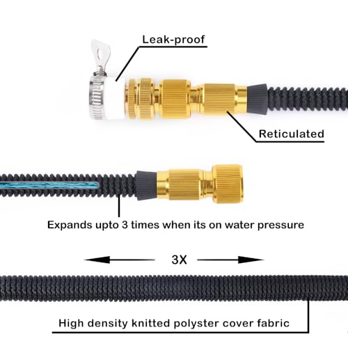 GREEN DYNASTY Expandable Garden Hose, Lightweight Gardening Flexible Leak Proof Hose Pipe, Solid Brass Fittings | 3X Expanding Flexible Latex Water Hose with Spray Nozzle | Black, 100 FT