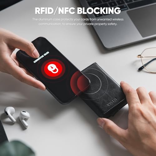 VULKIT Pop up Wallet RFID Blocking Leather Credit Card Wallet with Banknote Compartment, ID Window & Coin Pocket (Black)