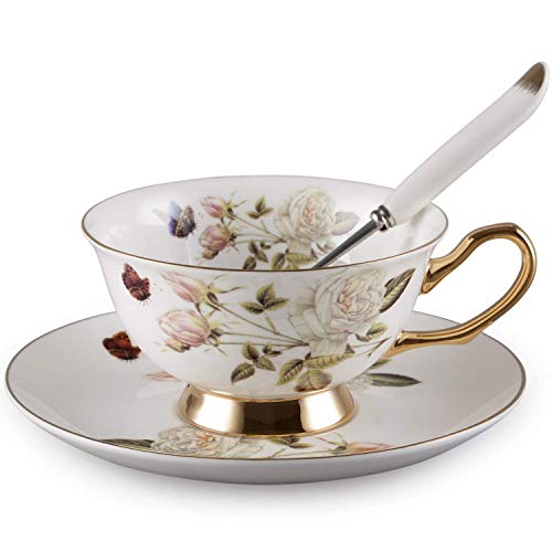 ybk Tech Euro Style Art Ensemble tasse et soucoupe en porcelaine anglaise Thé Tasse à café en céramique de cuisine pour maison mariage White rose