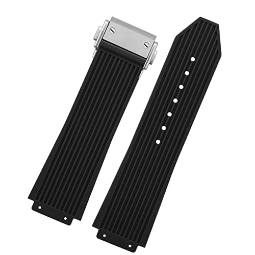 Bracelet en caoutchouc noir pour Hublot Big Bang avec boucle papillon argentée 26x19mm