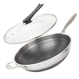 14″ Honeycomb Non Stick Wok Pan Stainless Steel Stir-fry Wok with Lid,Skillet with Stay-cool Handle PFOA Free Suitable for Induction, Ceramic, Electric, and Gas Cooktops (Sliver, 14 Inches)