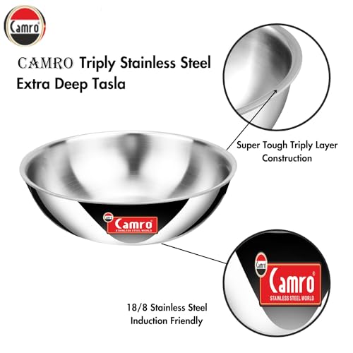 Image of Camro Triply Artisian Tasla with Lid (5.8 Liters, 30 Cm) with Steel Lid | Stainless Steel Induction Friendly | 3-Layer Body, Dishwasher Safe | 15+Years of Innovation and Quality