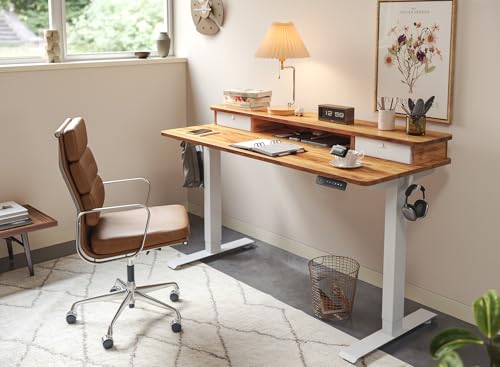 Image of FEZIBO 55 x 24 Inch Height Adjustable Electric Standing Desk with Double Drawer, Computer Desk, Home Office Stand Up Table with 4 Height-Adjustable Feets & 2 Hooks, Light Rustic