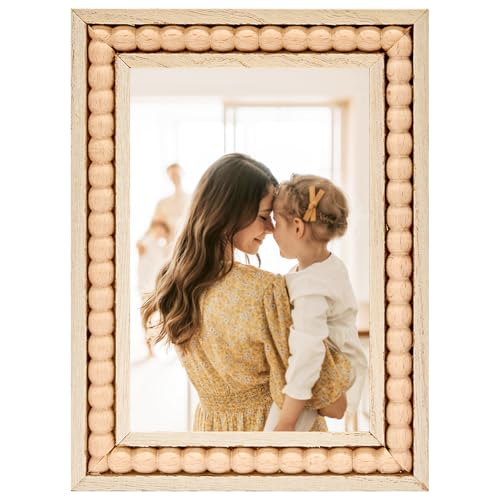 OMISHE Wood 4x6 Picture Frame with Decorative Beads for Wall Decor or Tabletop Boho Rustic Handcrafted 4 x 6 Frame with Shatter Resitant Plexiglass Natural