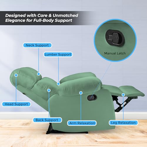 Image of Little NAP Helios Soft Suede Fabric Single Manual Standard Recliner | Padded 1 Seater Aaram Sofa | Relaxing Chair for Home Office Living Bed Room | Green