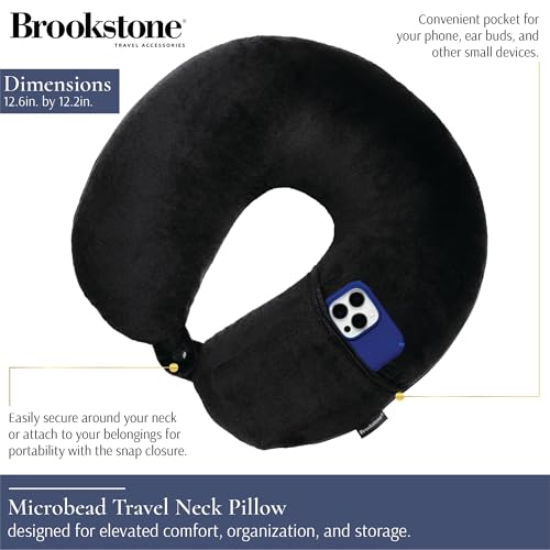 Image of Brookstone Travel Pillow - 100% Microbead Comfort Classic Lightweight Ergonomic Fleece Airplane Head and Neck Pillow with Phone Pocket, Black