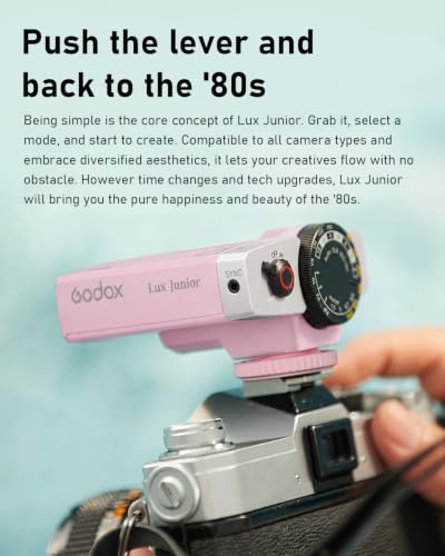 Image of Godox Lux Junior Retro Camera Flash with PC sync Ports (Pink, 4.6oz) | GN12, 1 /1-1 /64 Flash Power, Auto&Manual Modes, 6000±200K, 28mm Focal Length with Sync Cable for Canon Nikon Sony Fuji Olympus