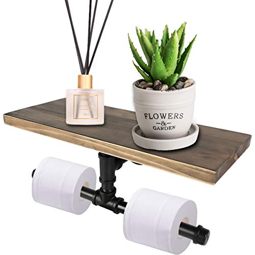 Toilettenpapierhalter für 2 Rollen und Mehrzweck-Regal für die Aufbewahrung von Mobiltelefonen in Badewanne, rustikaler Stil, Rohr-Design, Wandmontage, Badezimmer-Regal/Toilettenpapierrollenhalter Cover