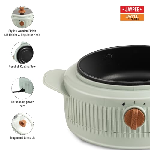 Image of Jaypee Plus Electric CookSmart Casserole with Teflon NonStick Coating Bowl for Reheating & Cooking, Serving Casserole Wooden Finish Lid & Regulator Knob Toughened Glass Lid, 1500 ml, Blue