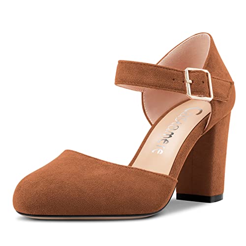 Castamere Women Chunky Block High Heel Close Round Toe Two-Piece Pumps Buckle Wedding Party Dress Shoes 3.3 Inches Heels