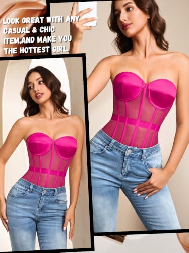 Image of Kaei&Shi Sheer Mesh Overbust Corset,Sexy Strapless Lace Up Satin Bra Corsets Top For Women Shapewear
