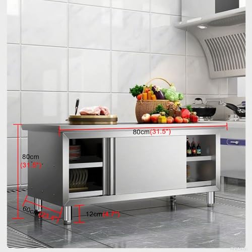 Banco da lavoro rimovibile a doppia porta scorrevole in acciaio inox, 80 cm, resistente, con ripiani portaoggetti, capacità di carico 50 kg, facile da montare, ideale per uso domestico e ristorante