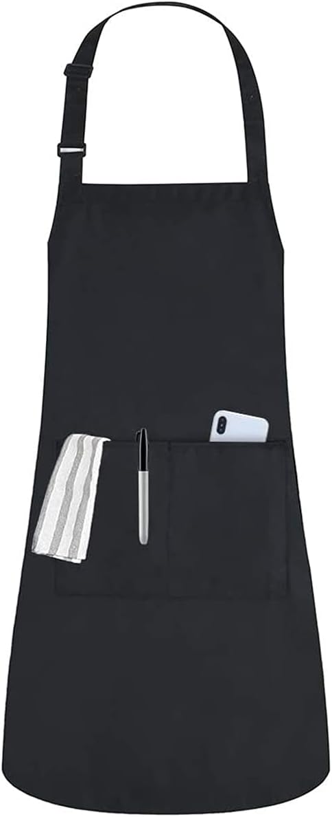 Adjustable Bib Apron with 2 Pockets, Waterproof Adjustable Aprons, Kitchen chef apron for Home Cooking, BBQ, Restaurant, Coffee house, Unisex(Black, Polyester)