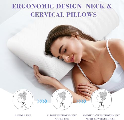 Image of ๐๐ข๐ฆ๐ ๐๐ฅ Memory Foam Pillow, Contour Cervical Orthopedic Memory Foam Pillows Supports Neck Pain and Shoulder Pain for Sleeping, Ergonomic Cervical Neck Support Pillow (C - White)