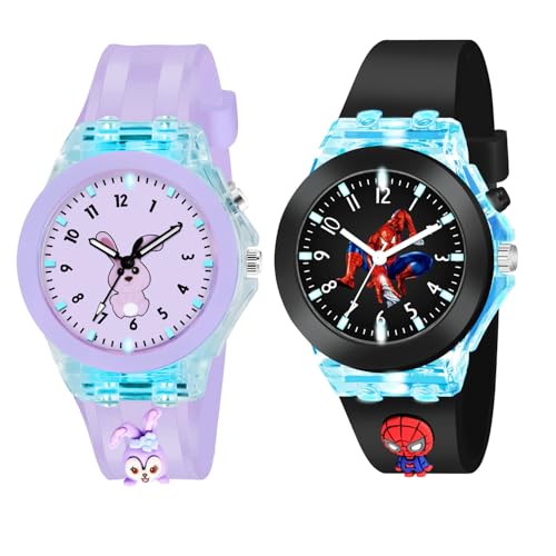 Shocknshop Analog Watch For Kids Combo | 3D Cartoon | 7 Multicolor LED Luminous Lights with Silicone Strap | Unisex Best Birthday Gift | Analogue Wrist Watches For Boys & Girls | Age 3-10 Yrs (Rabbit Purple & Black)