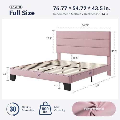 Image of Allewie Full Size Platform Bed Frame with Velvet Upholstered Headboard and Wooden Slats Support, Fully Upholstered Mattress Foundation /No Box Spring Needed /Easy Assembly, Pink
