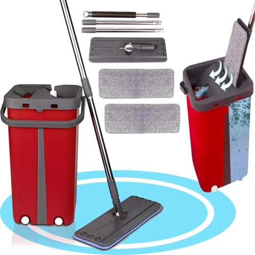 Dekohome Fregona con Cubo Escurridor con Compartimentos, Cabezal Plano y Flexible Rotación 360. Cubo Escurrefacil. Ideal para Limpiar Suelos, Paredes, Techos, Ventanas, Incluye 2 Recambios, Rojo