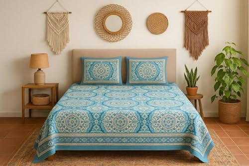 Image of Pure Cotton King Size Bedsheet Set with 2 Pillow Covers, Jaipur Design, Traditional Indian Pattern