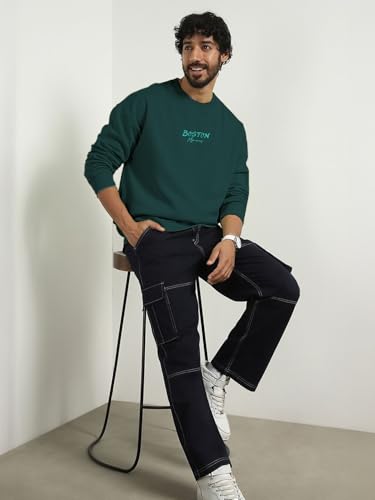 Image of Nobero Men's Graphic Printed Oversized Sweatshirt | Cotton Rich Fleece Round Neck Pullover | Relaxed Fit Casual Winter Wear for Men