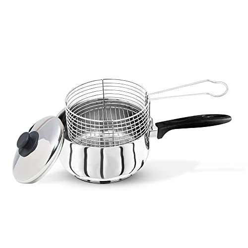 BAUMALU Friteuse Émaillée Noire Ø 20 Cm – Tous Feux Y Compris Induction, Couvercle Verre