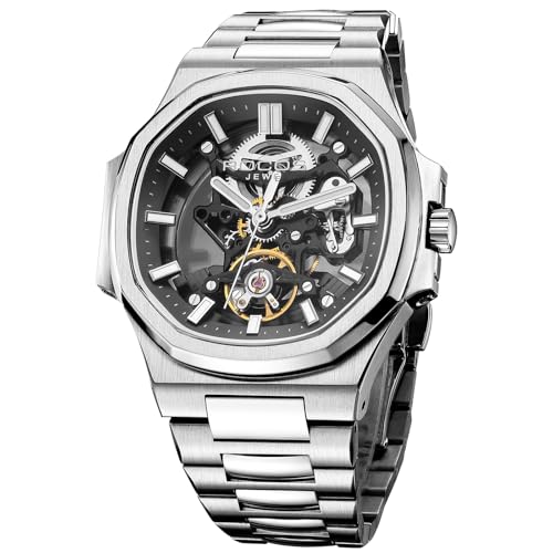 Image of ROCOSJEWE Classic Luxury Blue Dress Watch for Men, Automatic Mechanical Wristwatch, Water-Resistant, Date Display, Luminous Skeleton Dial, Stainless Steel Bracelet, Gift for Men R0139