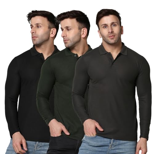 Image of INKKR Men's Soild Full Sleeve Polo Neck T-Shirt Combo