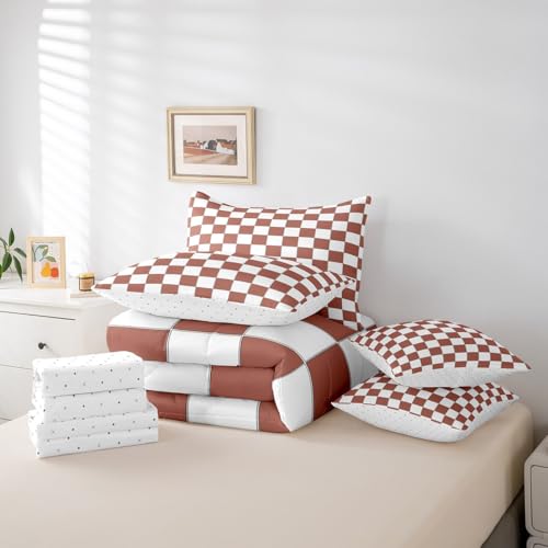 Image of Erosebridal Checkered King Bed in A Bag 7 Piece White Light Caramel Checkerboard Bedding Set,Buffalo Plaid Grid Comforter Set with Sheets for Kids Teen Adults Aesthetic Geometric Gingham Bed Set
