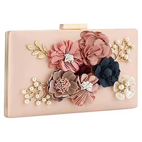 Women Floral Beaded Embellished Clutch Bag Ladies Metal PU Leather Wedding Evening Handbags Girls Chain Shoulder Bag (Pink) Cover