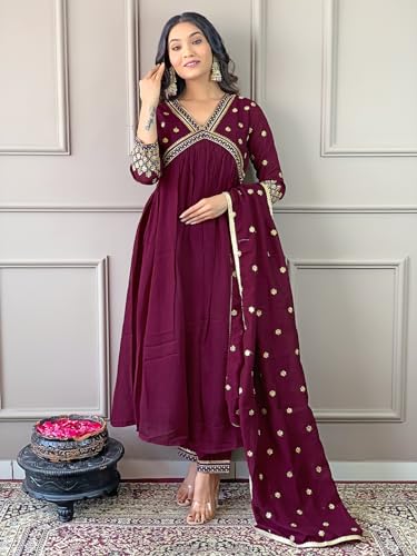 Image of Naixa Women's Vichitra Silk Embroidered A-Line Kurta with Pant and Dupatta Sets (NK-442)