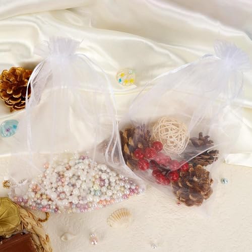 Image of 100Pcs Sheer Organza Bags 7x9 Inch, White Wedding Party Favor Bags with Drawstring, Mesh Jewelry Gift Bags Christmas Candy Pouches