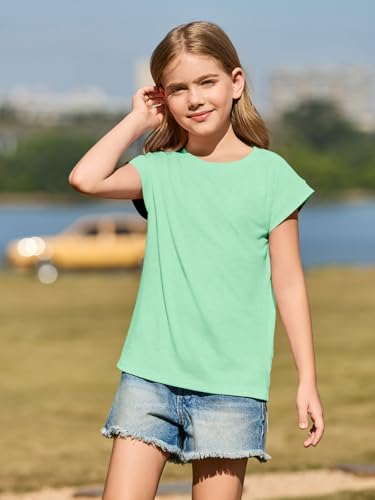Image of Haloumoning Girls Cap Sleeve T Shirts Kids Summer Crewneck Solid Tops Tees 5-14 Years